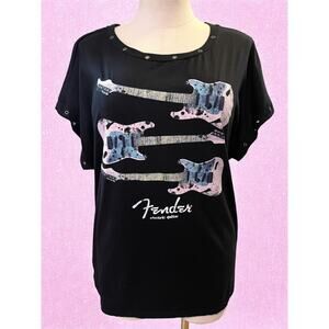Torrid Plus Size 3 Fender Guitars Relaxed Fit Punk Rock Grommet‎ Studded T Shirt